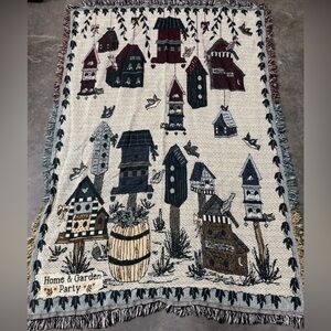 Home & Garden Party vintage birdhouse tapestry throw with fringe